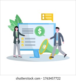 Flat vector illustration of affiliate marketing promotes products and gets a fantastic database and income landing page, ui, mobile app and website