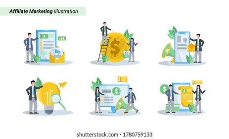 Flache Vektorgrafik des Affiliate-Marketing fördert Produkte und bekommt eine fantastische Datenbank- und Einkommenslandingpage, i, mobile App und Website