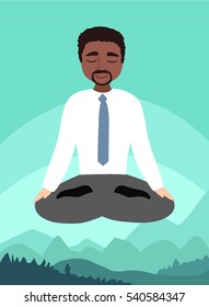 Flat vector illustration of African American man doing yoga on the background of mountain landscape. Calm and relax in the middle of a work day. Businessman meditating in lotus pose.