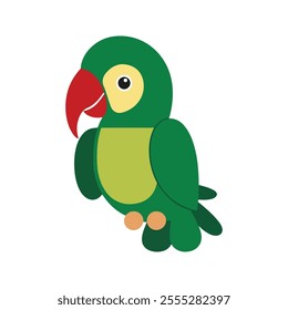 Flat Vector Illustration of African Parrot with Green Body and Red Beak