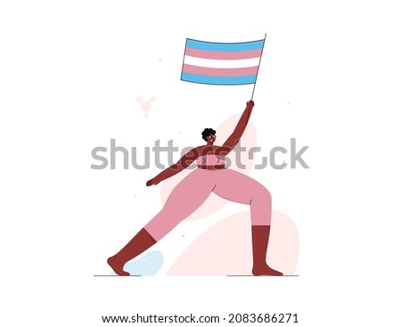 Flat vector illustration. African-american person holds transgender flag at street demonstration in support of LGBT rights.