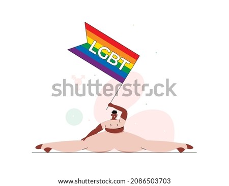 Flat vector illustration. African-american person holds LGBT flag and sitting on the splits.