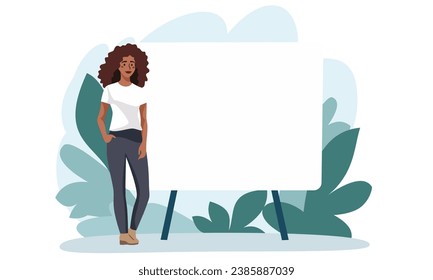 Flat vector illustration. An African-American woman stands next to the banner and smiles, giving a presentation. Presentation and banner for a web site. Place for your text on the banner 
