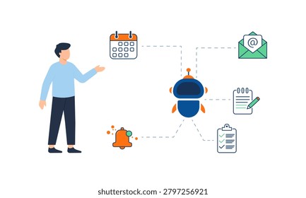 Flat vector illustration of AI personal assistant on smartphone helping to manage daily tasks and schedules.
