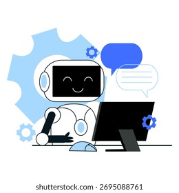 Ilustración vectorial plana de un robot de IA sentado en una computadora y charlando con Clientes en línea. Concepto de Asistencia al cliente de inteligencia artificial, asistente virtual y comunicación digital