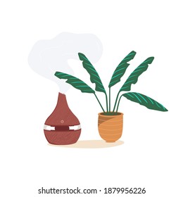 Flat vector illustration of an air humidifier with indoor plants. Equipment for the home or office. Device for cleaning and humidifying air on a white background