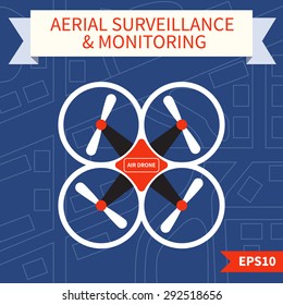 Flat vector illustration of air RC drone. Quadcopter flying in the sky above the city. Concept for aerial surveillance & monitoring. 