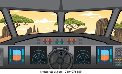 Flat vector illustration of aircraft dashboard overlooking savanna with acacia trees and desert rocks.