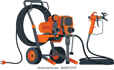 A flat vector illustration of an airless paint sprayer machine with a hose and spray gun on a white background.