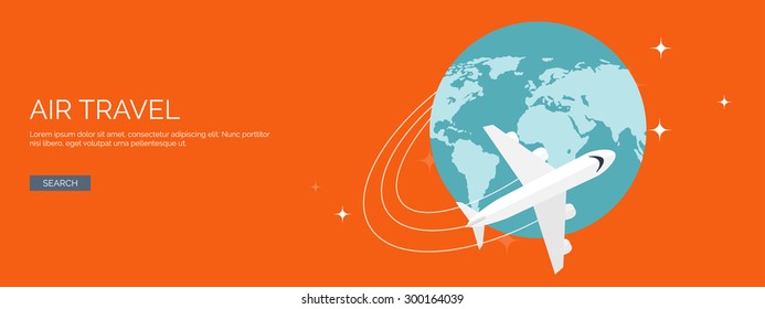 Flat vector illustration. Airplane, Earth. Vacation.Traveling and summer holidays.