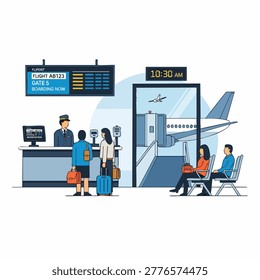 A flat vector illustration of an airport boarding gate with passengers checking in with staff and waiting for their flight near a window with an airplane.