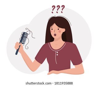 Flat vector illustration of alopecia, hair loss in young age, hair problems, baldness. A female with a comb in hand.