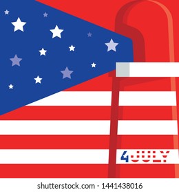 Flat Vector Illustration for the American holiday of July 4 - US Independence Day. The lighthouse is painted in the colors of the American flag, with a blue glow and stars.