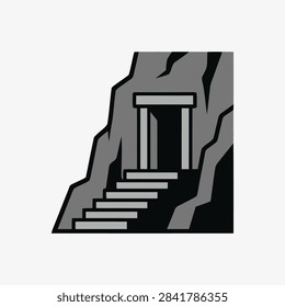 A flat vector illustration of an ancient cave opening carved into a rock face with stone steps, ideal for adventure or fantasy gaming themes.