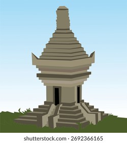 Ilustración vectorial plana de un antiguo templo con escaleras y techo en capas, que representa la arquitectura tradicional indonesia