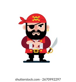 Eine flache Vektorgrafik einer wütenden Piratenfigur mit schwarzem Bart, roter Bandana mit Schädel und Kreuzknochen, einer Augenklappe und einem Schnittblasen-Schwert einzeln auf weißem Hintergrund.