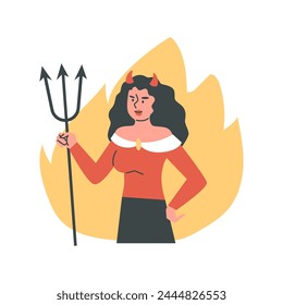 Flat vector illustration of an angry woman as a devil with horns, trident and fire background. Flat design Ideal for Halloween or bad character image.