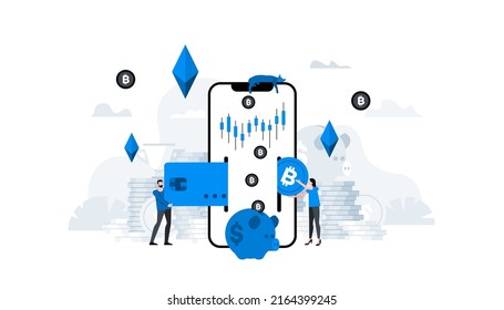 Flat vector illustration. Animation ready duik friendly vector. Conceptual business story. Cryptocurrency exchange, blockchain technology, bitcoin, cryptocurrency mining, digital money market.