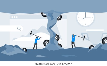 Flat vector illustration. Animation ready duik friendly vector. Conceptual business story. Cryptocurrency exchange, blockchain technology, bitcoin, cryptocurrency mining, digital money market.
