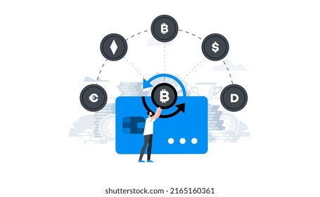Ilustración vectorial plana. Vector amigable duik preparado para la animación. Historia conceptual de los negocios. Cryptocurrency exchange, tecnología blockchain, bitcoin, minería de criptodivisa, mercado digital de dinero.