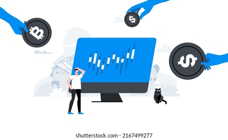 Flat vector illustration. Animation ready duik friendly vector. Conceptual business story. Cryptocurrency exchange, blockchain technology, bitcoin, cryptocurrency mining, digital money market.