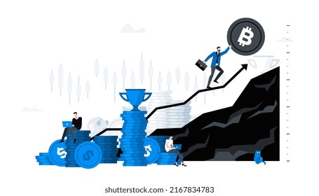 Flat vector illustration. Animation ready duik friendly vector. Conceptual business story. Cryptocurrency exchange, blockchain technology, bitcoin, cryptocurrency mining, digital money market.