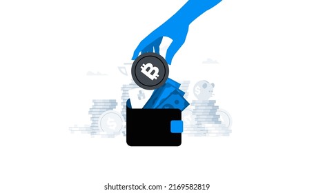 Flat vector illustration. Animation ready duik friendly vector. Conceptual business story. Cryptocurrency exchange, blockchain technology, bitcoin, cryptocurrency mining, digital money market.