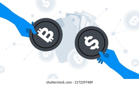 Flat vector illustration. Animation ready duik friendly vector. Conceptual business story. Cryptocurrency exchange, blockchain technology, bitcoin, cryptocurrency mining, digital money market.