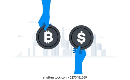 Flat vector illustration. Animation ready duik friendly vector. Conceptual business story. Cryptocurrency exchange, blockchain technology, bitcoin, cryptocurrency mining, digital money market.