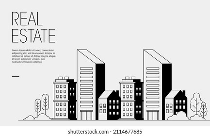 Ilustración vectorial plana del complejo de apartamentos. Adecuado para el diseño elemento de afiche promocional inmobiliaria, fondo emblemático y plantilla moderna de banner de vivienda urbana.