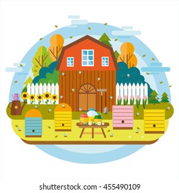 Flat vector illustration. Apiary with bees. Hives on the farm. Beautiful flowers and the forest behind the fence. Elements for infographic. Apiary symbols