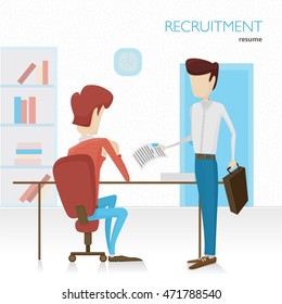 Flat vector illustration. The applicant will provide your resume when applying for a job. Recruitment