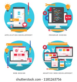 Flache Vektorgrafik von Anwendungen, Website-Entwicklung, Programmierung und Adaptiven Konzepten. Elemente für mobile und Web-Anwendungen.