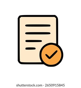 Flat Vector Illustration of Approved Document with Orange Check Mark and Text Lines on White Background