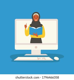 Flat vector illustration of an Arab woman teaching or working online. Muslim arab woman teacher in virtual class holds open book. Remote work concept, online class, tutor lessons, broadcast