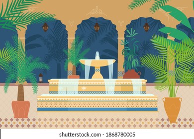 Flat Vector Illustration Of Arabian Palace Garden With Fountain, Tropical Plants, Archs, Lanterns. 