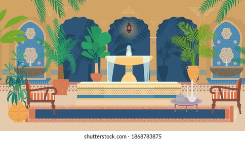 Flat Vector Illustration Of Arabian Palace Garden With Fountains, Tropical Plants, Archs, Lanterns, Armchairs, Table With Silver Tea Pot, Carpet. 