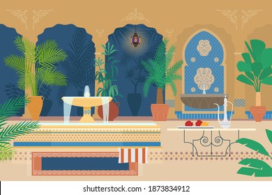 Flat Vector Illustration Of Arabian Palace Garden With Fountains, Tropical Plants, Archs, Lanterns, Table With Silver Tea Pot, Carpet. 