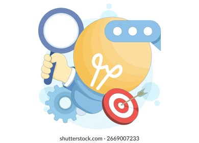 Flat vector illustration of archery target with magnifying glass, symbolizing focus and goal setting. Includes light bulb and gears representing ideas, innovation, problem solving, and creativity.