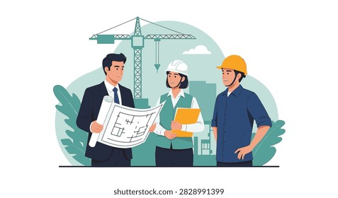 Flat vector illustration of an architect, engineer, and construction worker reviewing floor plan blueprints at a building site with industrial crane background.