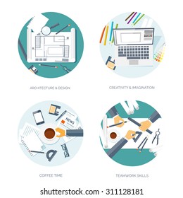 Flat vector illustration. Architecture, design, creativity and imagination. Coffee time. Teamwork skills.