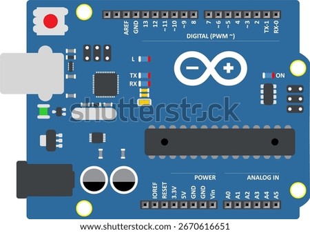Flat vector illustration of an Arduino Uno microcontroller board. Perfect for tech blogs, educational materials, and presentations on robotics, IoT, and DIY electronics projects
