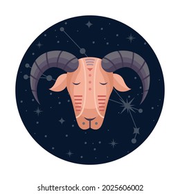 Flat vector illustration of aries zodiac sign with stars and constellation