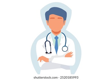 Arte de Ilustração de Vetor Plano de um Médico Vestindo um jaleco branco e estetoscópio. 