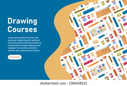 Flat vector illustration art studio, designing, drawing, art, education, creativity. Online courses, tutorials for mobile and web graphics. Background from paints, brushes, pencils and materials