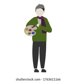 Flat vector Illustration of an artist in a gray beret and with a scarf. Painter with a palette and a brush in his hands.