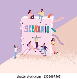 Flat vector illustration of artists and film or drama thater director who teach roles against the background of the scenario. Script reading concept for art project, films, theaters. 