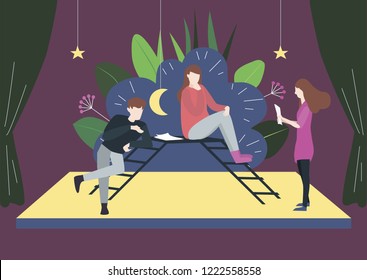Flat vector illustration of artists who teach roles in the drama theater. Man and woman sit on stairs and rehearse a play.