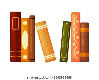 Flat vector illustration of assorted books arranged on a shelf in warm autumn colors. Ideal for reading, libraries, education, and cozy fall literary themes. Isolated on white background.