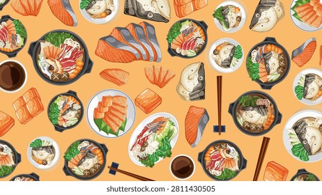 Flat vector illustration of assorted Japanese seafood dishes and raw salmon on orange background.